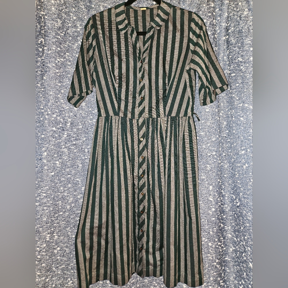 Vintage 1960s Striped Green and Gret Button-Up Dress
